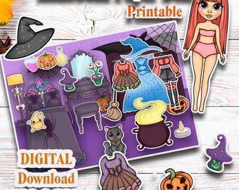 Printable Witch Paper doll  with a set clothes, Halloween printable doll house, Blythe paper doll dress up, Busy book printable crafts kids