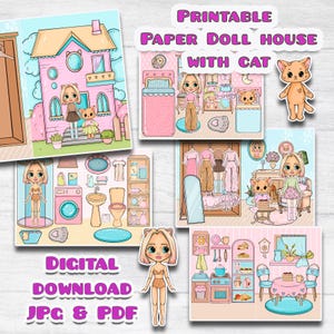 Printable Paper Blythe doll house, printable Doll with cat and clothes set, Holiday Blythe paper doll dress, Busy book printable crafts kids