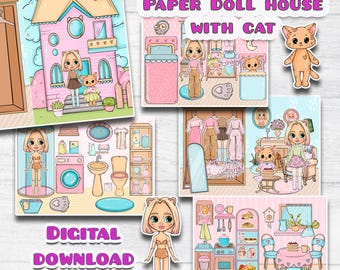 Casa delle bambole Blythe di carta stampabile, bambola stampabile con gatto e set di vestiti, vestito per bambola Blythe per le vacanze, libro delle attività stampabile per bambini