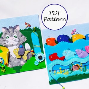 Cat and Fish quiet book PDF pattern & tutorials, Felt activity book for kids, Fishing quiet book template, Felt book ideas for toddler