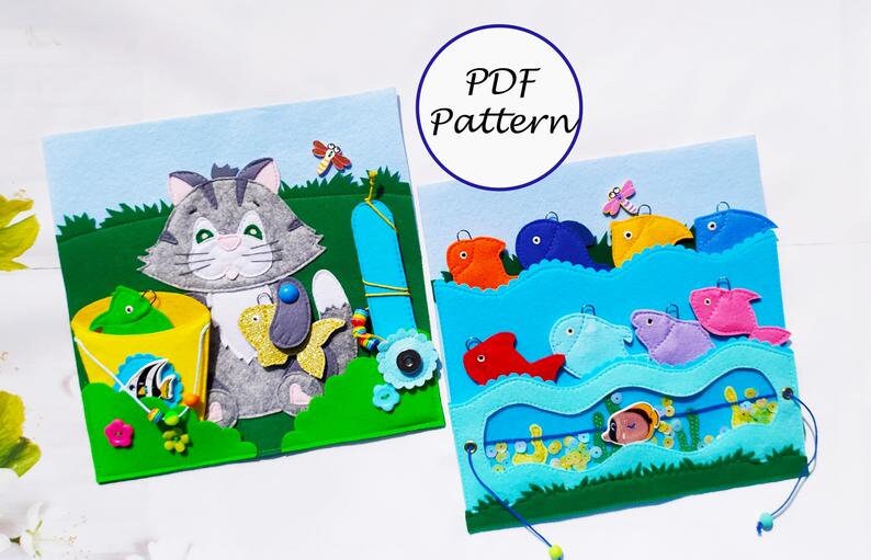 Cat and Fish quiet book PDF pattern & tutorials, Felt activity book for kids, Fishing quiet book template, Felt book ideas for toddler