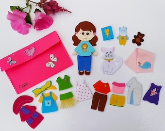 Felt doll pattern and 9 sets of clothes, Felt dress up doll pattern, Felt toy Pattern pdf for girl, Quiet book pattern, Non paper doll