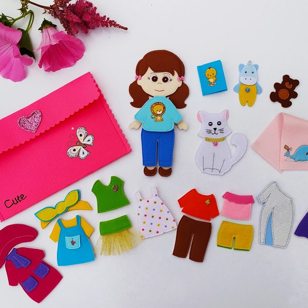 Felt doll pattern and 9 sets of clothes, Felt dress up doll pattern, Felt toy Pattern pdf for girl, Quiet book pattern, Non paper doll