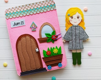 Felt Dollhouse Quiet book pattern pdf, Felt doll Pattern with clothes set, Dress up Doll, Felt book pattern for girl