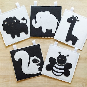 Modello di stimolazione infantile a contrasto, modello di libro tranquillo ad alto contrasto, carte in feltro in bianco e nero per neonati, PDF Montessori per neonati
