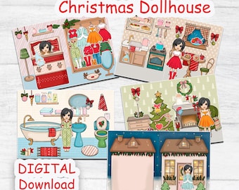 Casa delle bambole di carta natalizia stampabile, bambola stampabile con un set di vestiti, bambola di carta Blythe per le feste da vestire, libro delle attività stampabile per bambini