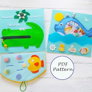 Quiet book Pattern Whale and Crocodile, Felt book pattern pdf, Soft sensory book template, Busy book sewing ideas for kids 2, 3, 4 year old