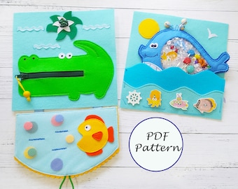 Quiet book Pattern Whale and Crocodile, Felt book pattern pdf, Soft sensory book template, Busy book sewing ideas for kids 2, 3, 4 year old