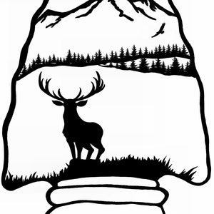May include: Black and white illustration of a deer with large antlers standing in front of a forest and mountains. The image is shaped like an arrowhead, with birds flying in the sky. A nature-themed design.