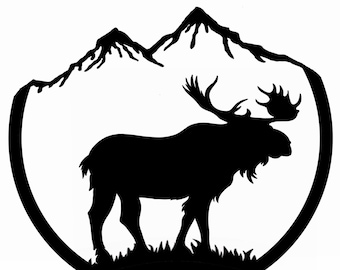 Moose over looking the landscape, Mountains, Black and White silhouette, PNG, Moose Art, Clipart, Mountain, Wildlife, Ornamental Style, ,