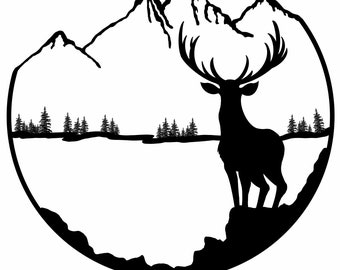 Deer overlooking the wilderness, Mountains, Black and White, Deer Art, Clipart, Art, Mountain, Wildlife, Wilderness, Animal Clipart,
