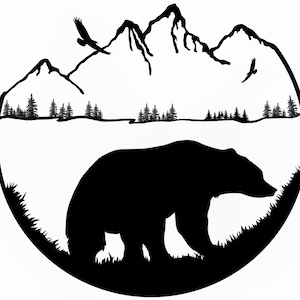 Bear wondering around the mountainside, Black and White, Bear Silhouette, Bear Clipart, Bear Art, Bear Scene, Bears, Mountain, wildlife, Art