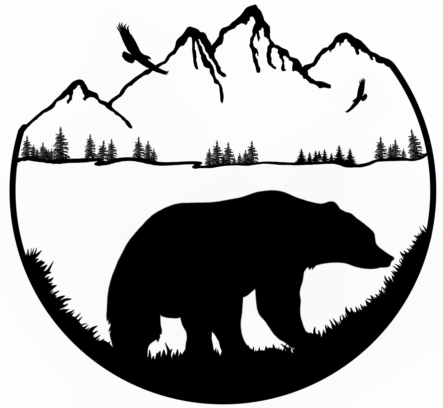 Bear wondering around the mountainside, Black and White, Bear Silhouette, Bear Clipart, Bear Art, Bear Scene, Bears, Mountain, wildlife, Art