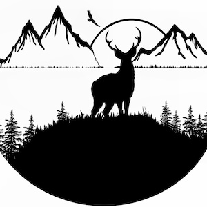 Maultier Hirsch, Berge, Adler, schwarz weiß Silhouette, PNG Datei, Silhouette, Hirsch Art, Clipart, Kunst, Berg, Adler, Sonnenuntergang Clipart, Art