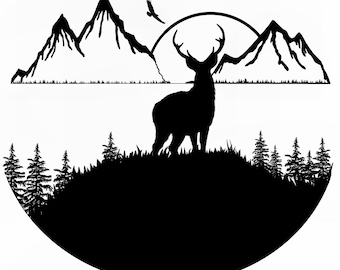 Mule Deer, Mountains, Eagle, Black and White silhouette, PNG File, Silhouette, Deer Art, Clipart, Art, Mountain, Eagles, sunset Clipart, Art