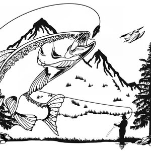 May include: Black and white illustration of a trout jumping out of the water, with a mountain range in the background and a fisherman standing on the shore with a fishing rod.