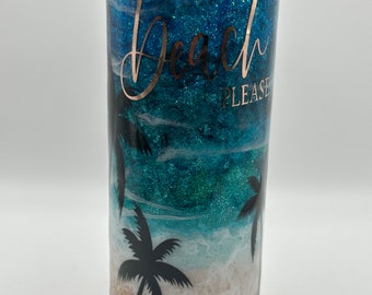 Vaso con purpurina oceánica: taza de acero inoxidable con un mar azul profundo y playero