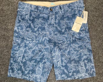 Tommy Bahama Shorts Blue Floral AOP Striped Mens 36 Linen Blend Flat Front Csual