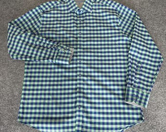 Twillory Mens Performance Gingham Dress Shirt Green Blue Tailored Fit 17.5 34-35