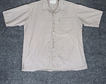 Columbia Shirt Mens Large Tan Plaid Short Sleeve Button Up Pocket Seersucker