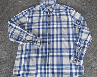 St Johns Bay Mens Blue Grey Plaid Flannel Button Down Shirt Size Medium Casual