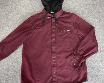 Vans Flannel Hoodie Shirt Mens Small Burgundy Corduroy Long Sleeve Button Up