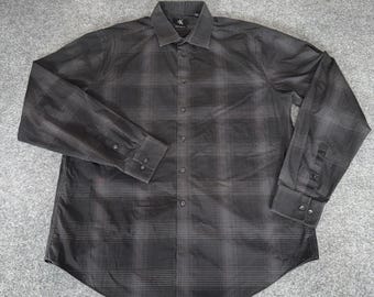 Calvin Klein Mens XL Slim Fit Non Iron Plaid Button Down Shirt Black Grey Casual