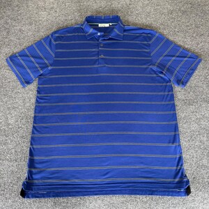 May include: Blue polo shirt with horizontal stripes in a lighter blue and thin gold lines. The shirt has a collared neckline and a three-button placket. The short sleeves and hem are visible.