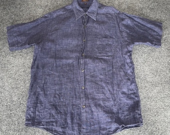 Tasso Elba Men Medium 100% Linen Blue Short Sleeve Button Up Shirt Casual Summer