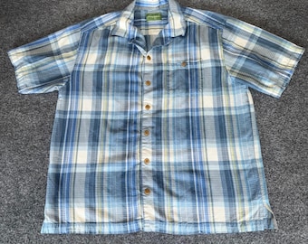 Tommy Bahama Silk Plaid Button Up Shirt Mens Large Short Sleeve Blue Casual
