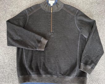 Tommy Bahama Reversible Quarter Zip Pullover Mens Large Grey Blue Cotton Tencel