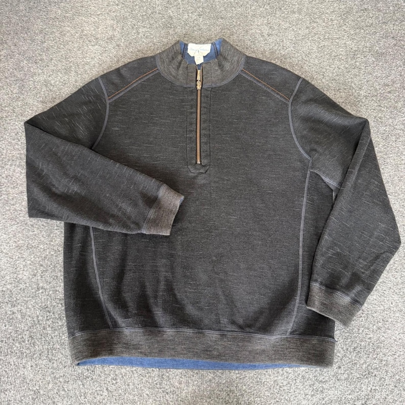 Tommy Bahama Reversible Quarter Zip Pullover Mens Large Grey Blue Cotton Tencel image 1