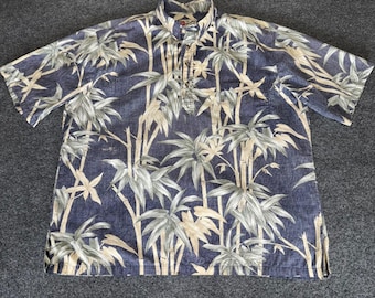 Hilo Hattie Hawaiian Popover Shirt Bamboo Reverse Print Aloha Shirt Blue Mens XL
