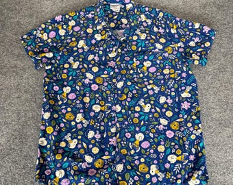 Peanuts Snoopy Hawaiian Shirt Mens Medium Floral Rayon Short Sleeve Cartoon AOP