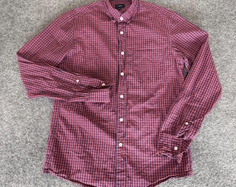 J.Crew Mens Slim Fit Gingham Button Up Shirt Red Navy Blue Cotton Small Casual