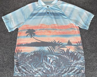 Tommy Bahama IslandZone Polo Shirt Mens Large Tropical Palm Tree Beach Sunset