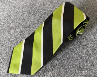 Polo Ralph Lauren Mens Silk Tie Lime Green Navy White Repp Stripe Hand Made USA