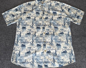 Woolrich Hawaiian Shirt Mens Large Blue Fish Print Aloha Button Up Short Sleeve