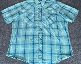 Wrangler Western Shirt Mens XL Blue Plaid Short Sleeve Cowboy Rodeo Pearl Snap