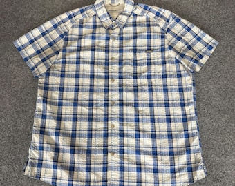 Eddie Bauer Mens Classic Fit Blue White Plaid Short Sleeve Button Up Shirt Large