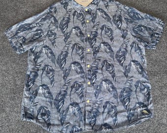 Tommy Bahama Linen Shirt Mens XXL Blue Palm Leaf Print Short Sleeve Button Up