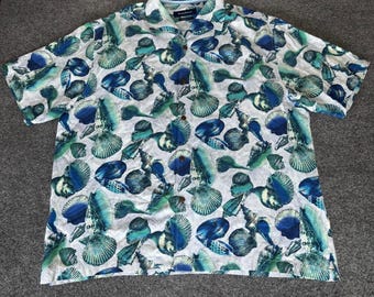 Tommy Bahama Hawaiian Silk Shirt Mens 2XL Button Up Seashell Aloha Short Sleeve