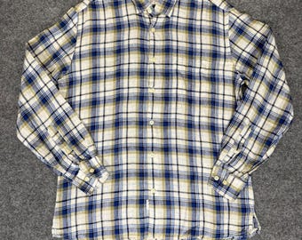 Peter Millar Linen Shirt Blue Plaid Button Up Long Sleeve Casual Men's Medium