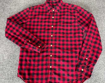 J.Crew Mens Slim Fit Oxford Shirt Red Black Buffalo Check Plaid Cotton Large