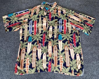 Reyn Spooner Hawaiian Shirt Mens Large Rayon Surfboard Palm Tree Aloha Beach