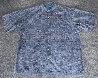 Tori Richard Mens XL Blue Geometric Tribal Cotton Lawn Aloha Shirt Hawaiian
