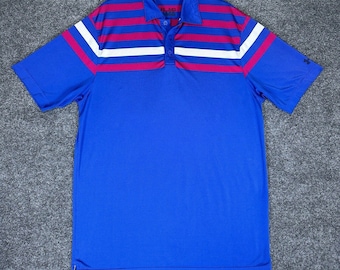 Under Armour Polo Shirt Mens Medium Blue Pink Striped Loose Golf Short Sleeve
