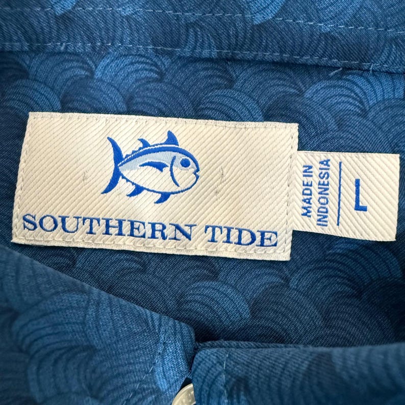Southern Tide Mens Blue Geometric Wave Short Sleeve Button Down Shirt Large image 2