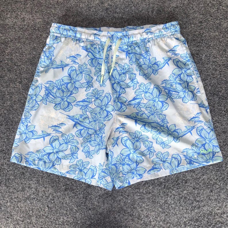HUK Shorts Men Medium 30x5 Blue Floral Swim Trunks Fishing Quick Dry Performance imagem 1