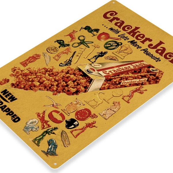 Cracker Jack Tin Sign 11x8 inch caramel corn peanuts prize tattoo foil wrapped baseball hotdogs apple pie
